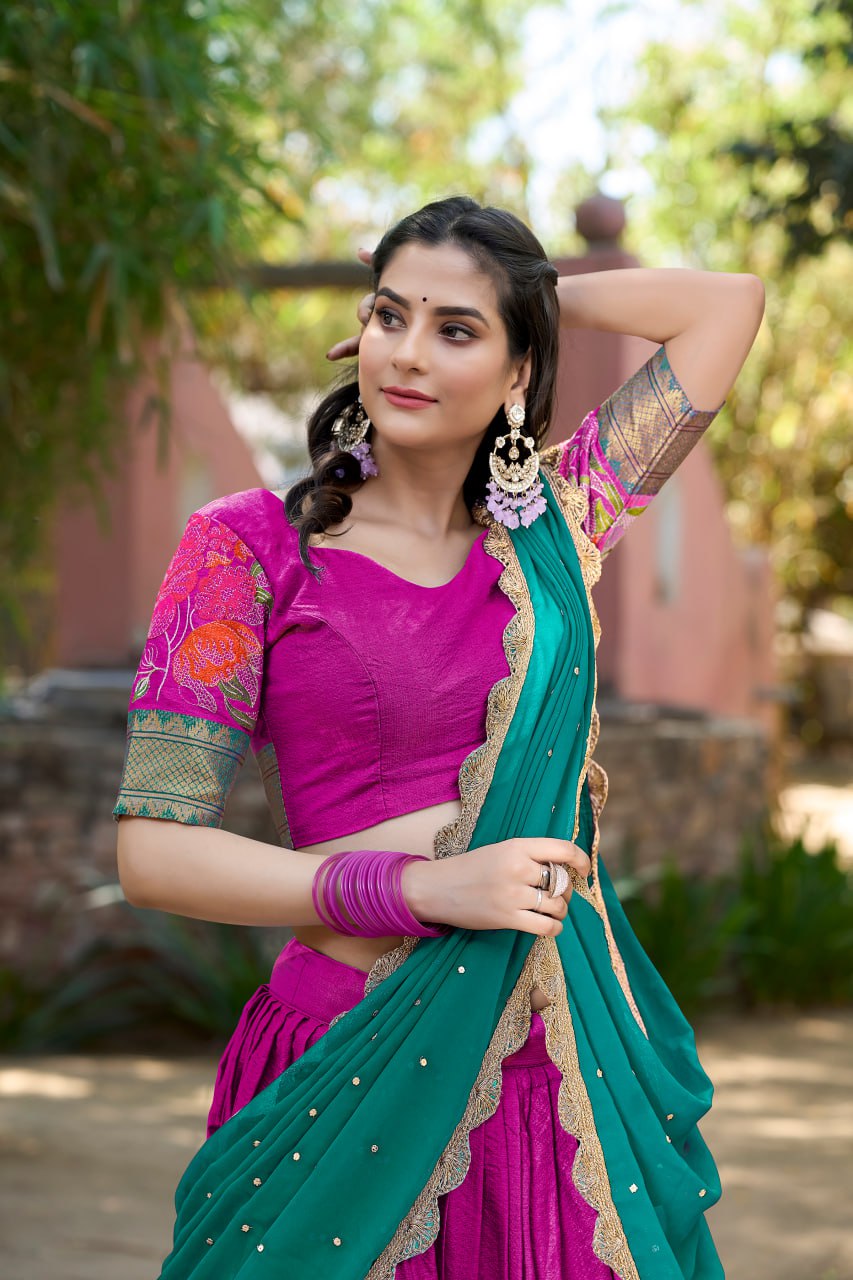 Pink Cotton Silk Lehenga Choli Thread Embroidery with Drape Georgette Dupatta