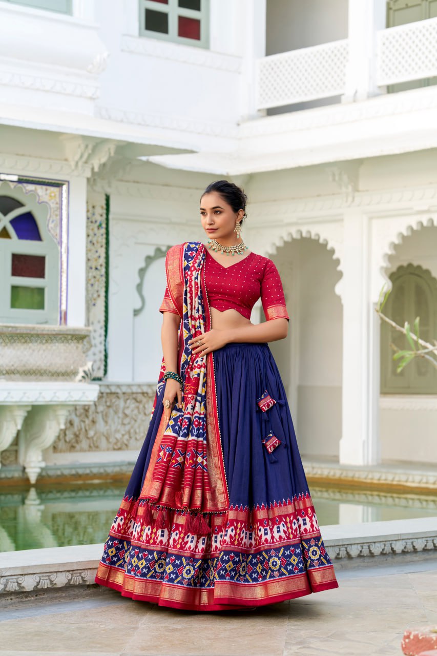 Tussar Silk Traditional Navy Blue Patola Print Chaniya Choli for Navratri with Foil Work & Gotta Patti Dupatta