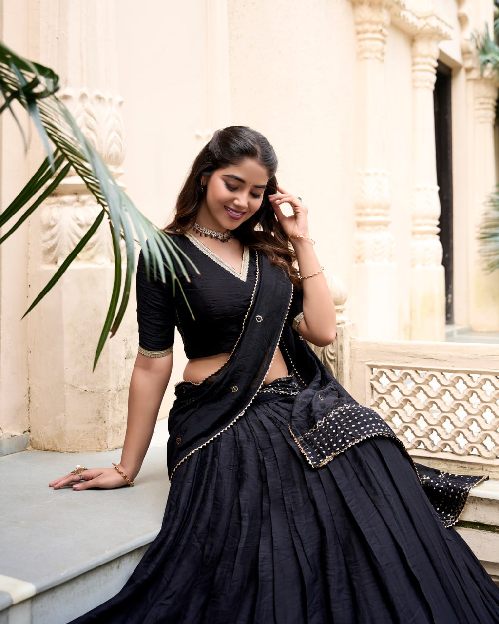 Pure Chanderi Black Chaniya Choli for Navratri with Zari Weaving Border & Sequins Dupatta