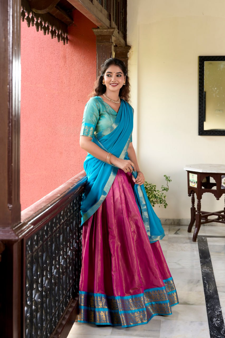 Pink Heritage Kanchipuram Silk Lehenga Choli with Zari Weaving & Dupatta