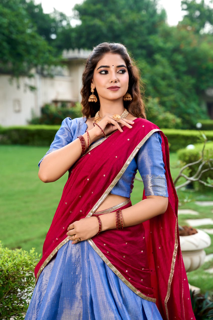 Turquoise Kanchipuram Lehenga Choli with Zari Weaving Work & Vichitra Silk Embroidered Dupatta