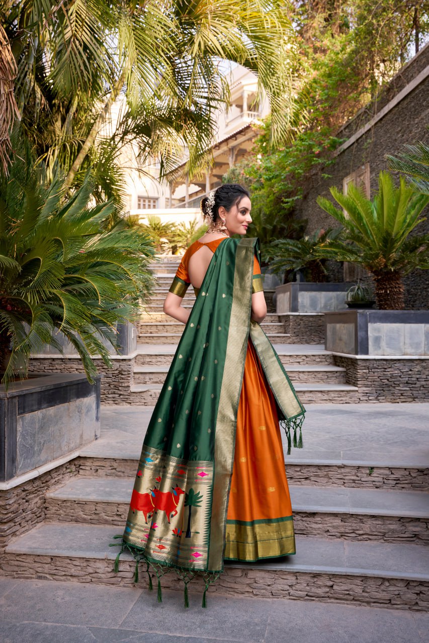 Orange Premium Paithani Lehenga Choli with Zari Weaving Work