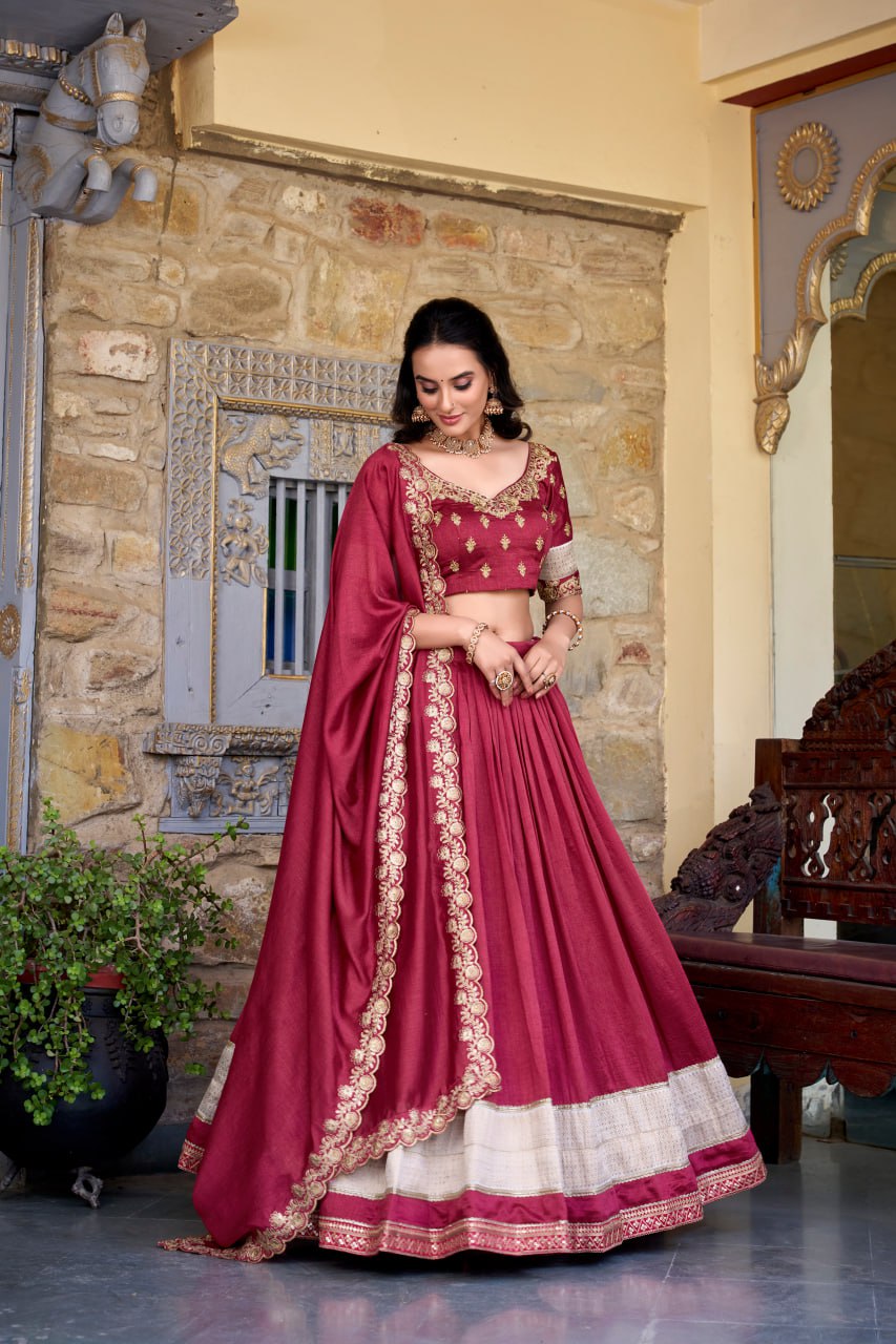 Maroon Party Wear Lehenga Choli with Zari Weaving & Dupatta