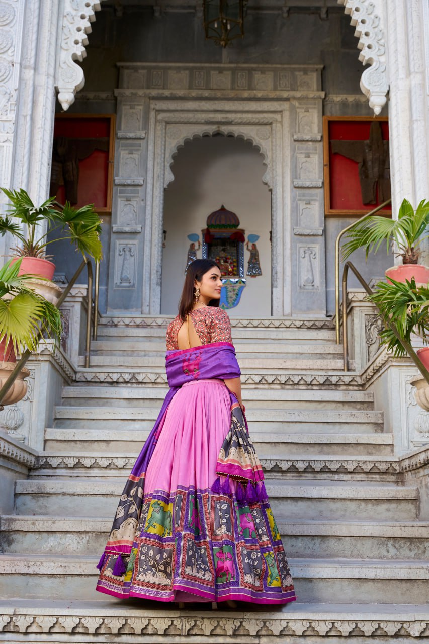 Peach Kalamkari Lehenga Choli with Foil Work & Gota Patti Dupatta