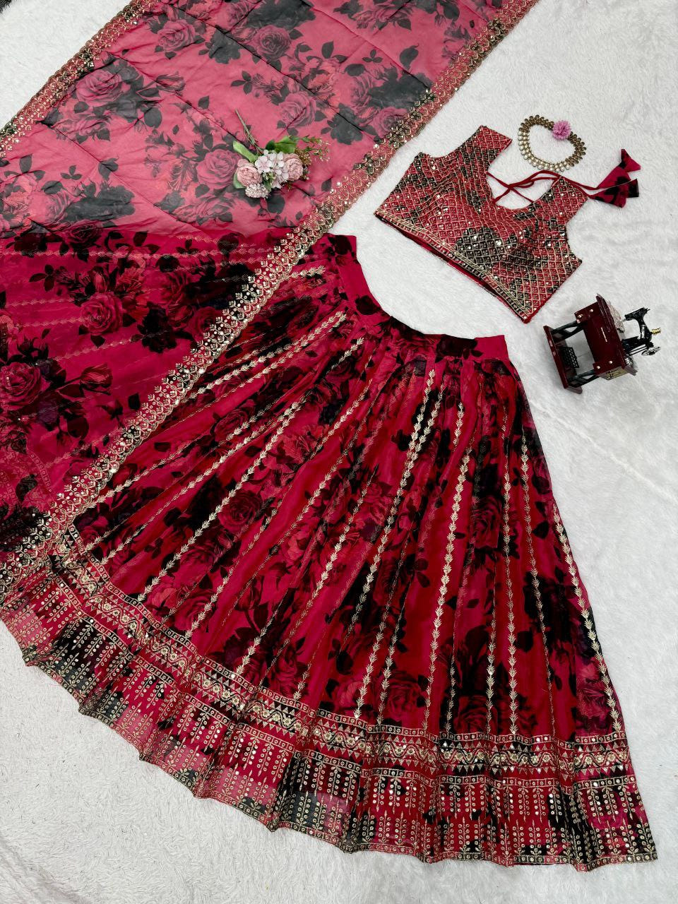 Tabby Organza Lehenga, Sequin Work Lehenga, Organza Choli Set, Full Stitch Lehenga, Lace Border Dupatta, Lightweight Lehenga, Wedding Lehenga Choli, Festive Ethnic Wear, Designer Organza Lehenga, Traditional Lehenga Choli, 3 Meter Flair Lehenga, Unstitched Blouse, Micro Inner Lehenga