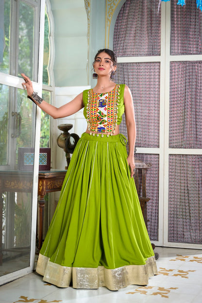 Navratri Lehenga 2025, Gamthi Work Blouse, Rayon Lehenga Choli, Kodi Lace Blouse, Gotta Patti Lehenga, Cowrie Work Choli, Stitched Navratri Lehenga, Traditional Garba Outfit, Dandiya Lehenga, 6 Meter Flare Lehenga, Festive Indian Wear, Ready to Wear Lehenga, Canvas Lined Lehenga