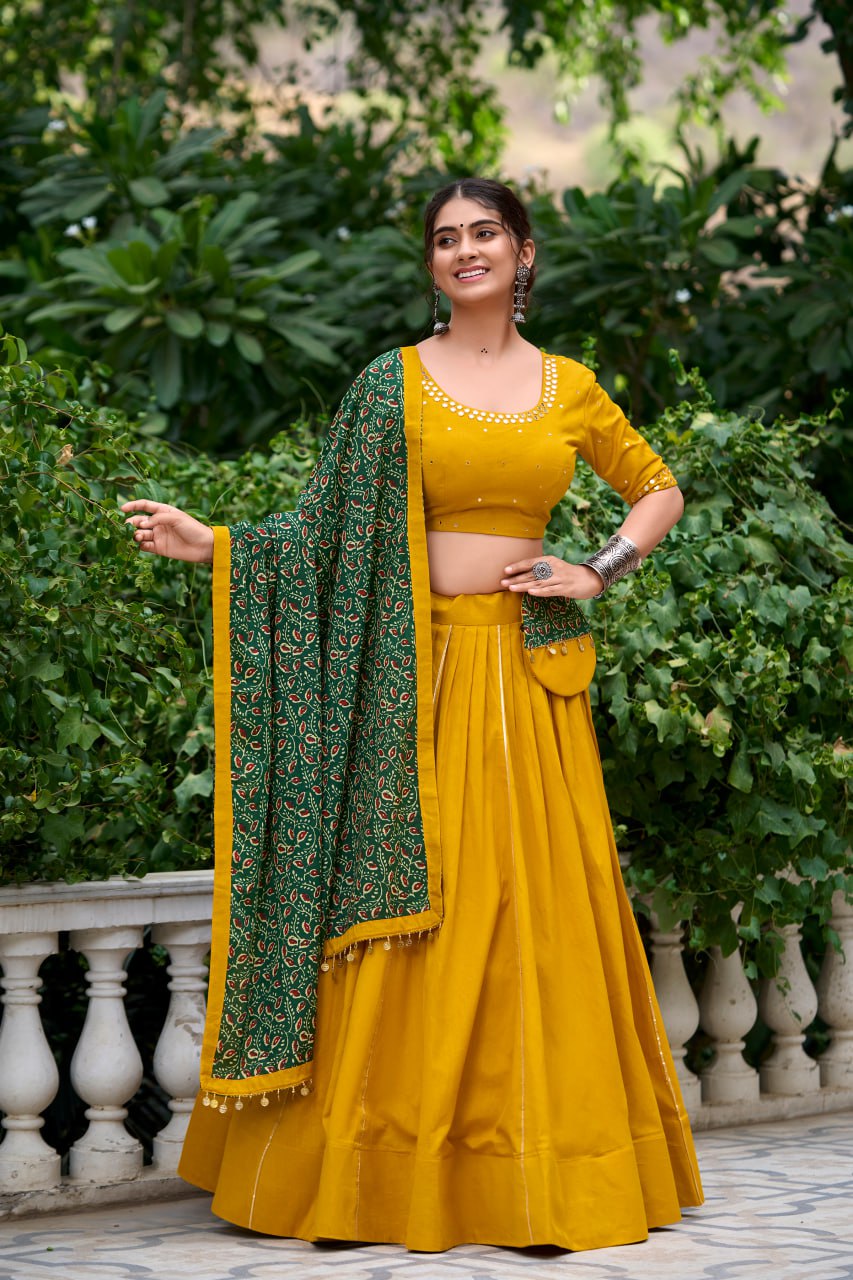 Mustard Pure Cotton Kutchi Hand Work Chaniya Choli with Printed Dupatta for Navratri