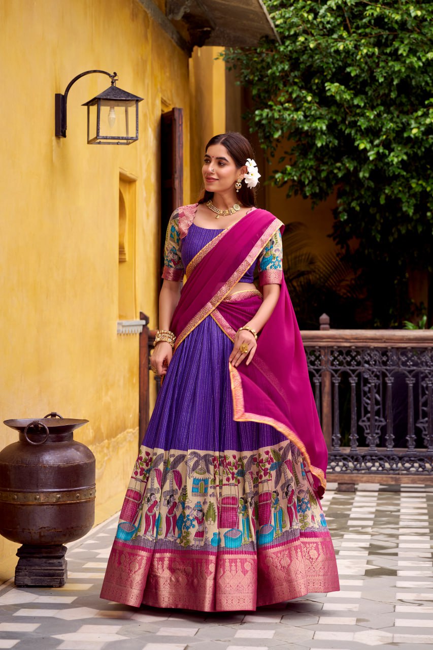 Purple Poly Kalamkari Printed Chanderi Lehenga Choli
