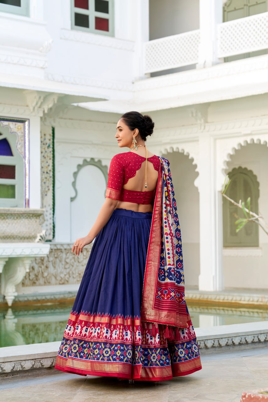 Tussar Silk Traditional Navy Blue Patola Print Chaniya Choli for Navratri with Foil Work & Gotta Patti Dupatta
