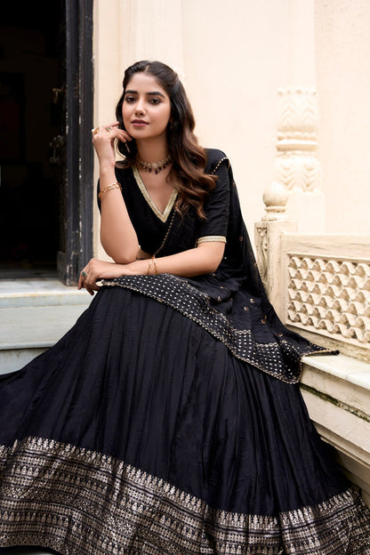 Pure Chanderi Black Chaniya Choli for Navratri with Zari Weaving Border & Sequins Dupatta