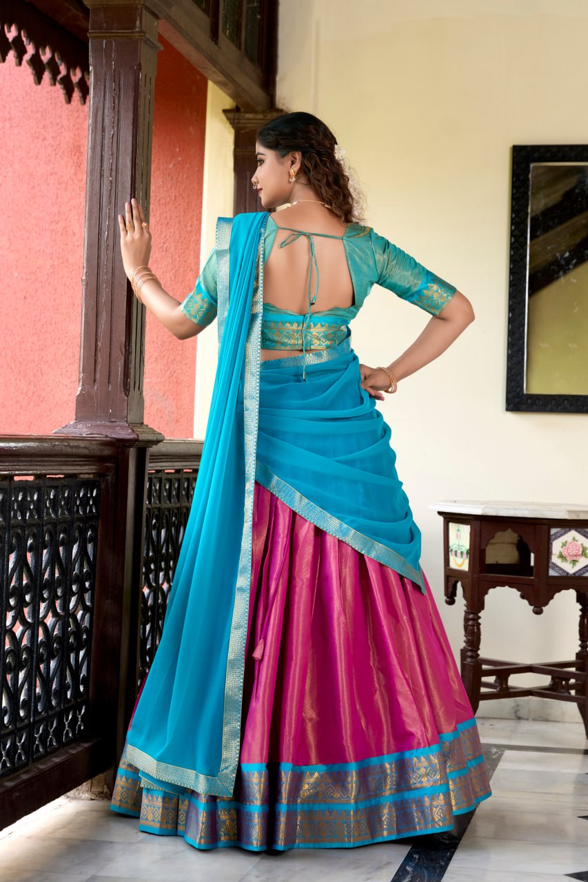 Pink Heritage Kanchipuram Silk Lehenga Choli with Zari Weaving & Dupatta