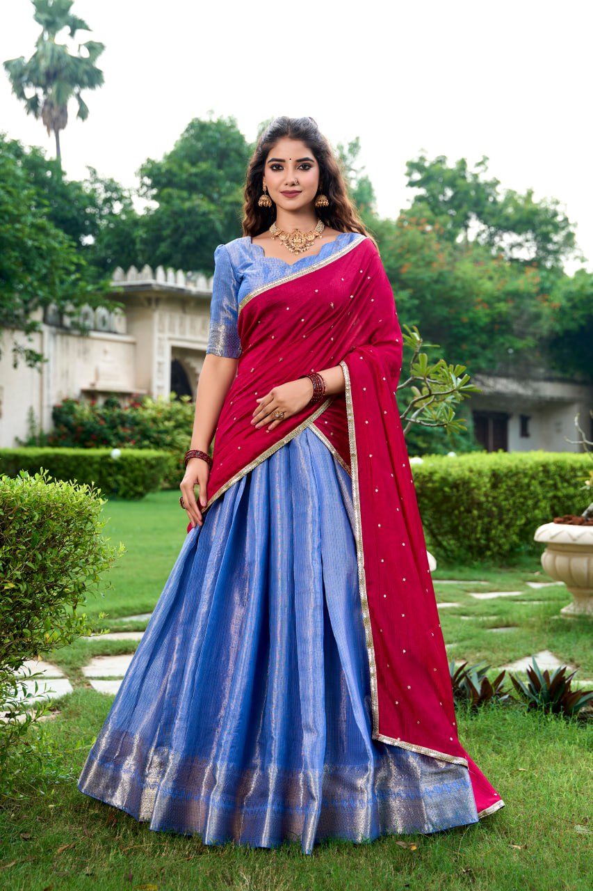 Turquoise Kanchipuram Lehenga Choli with Zari Weaving Work & Vichitra Silk Embroidered Dupatta