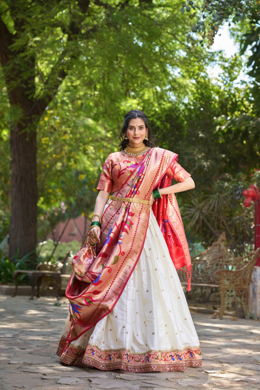 White Heritage Paithani Lehenga Choli with Zari Weaving Work