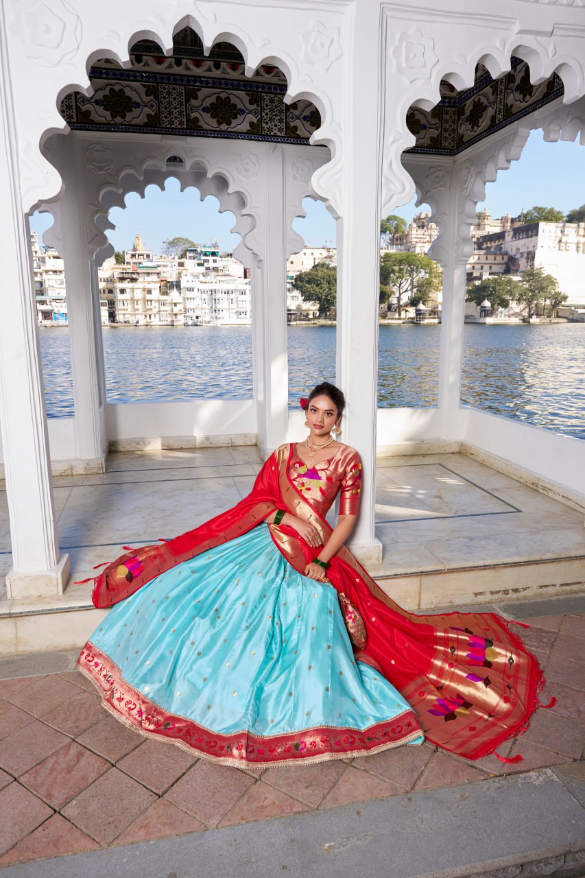 Sky Blue Paithani Traditional Lehenga Choli with Dupatta & Zari Weaving