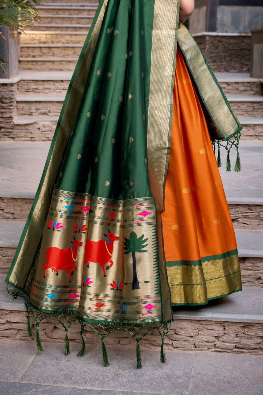 Orange Premium Paithani Lehenga Choli with Zari Weaving Work