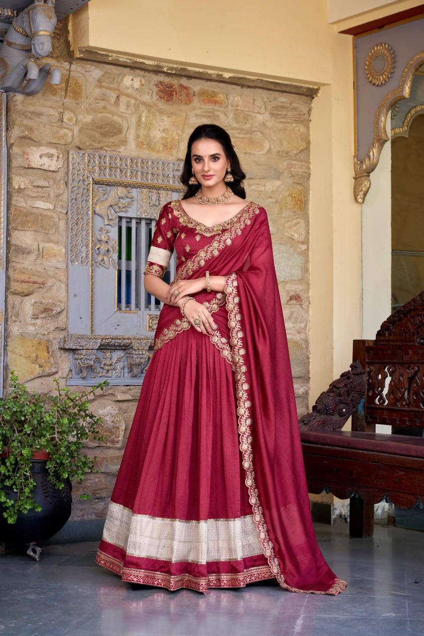 Maroon Party Wear Lehenga Choli with Zari Weaving & Dupatta