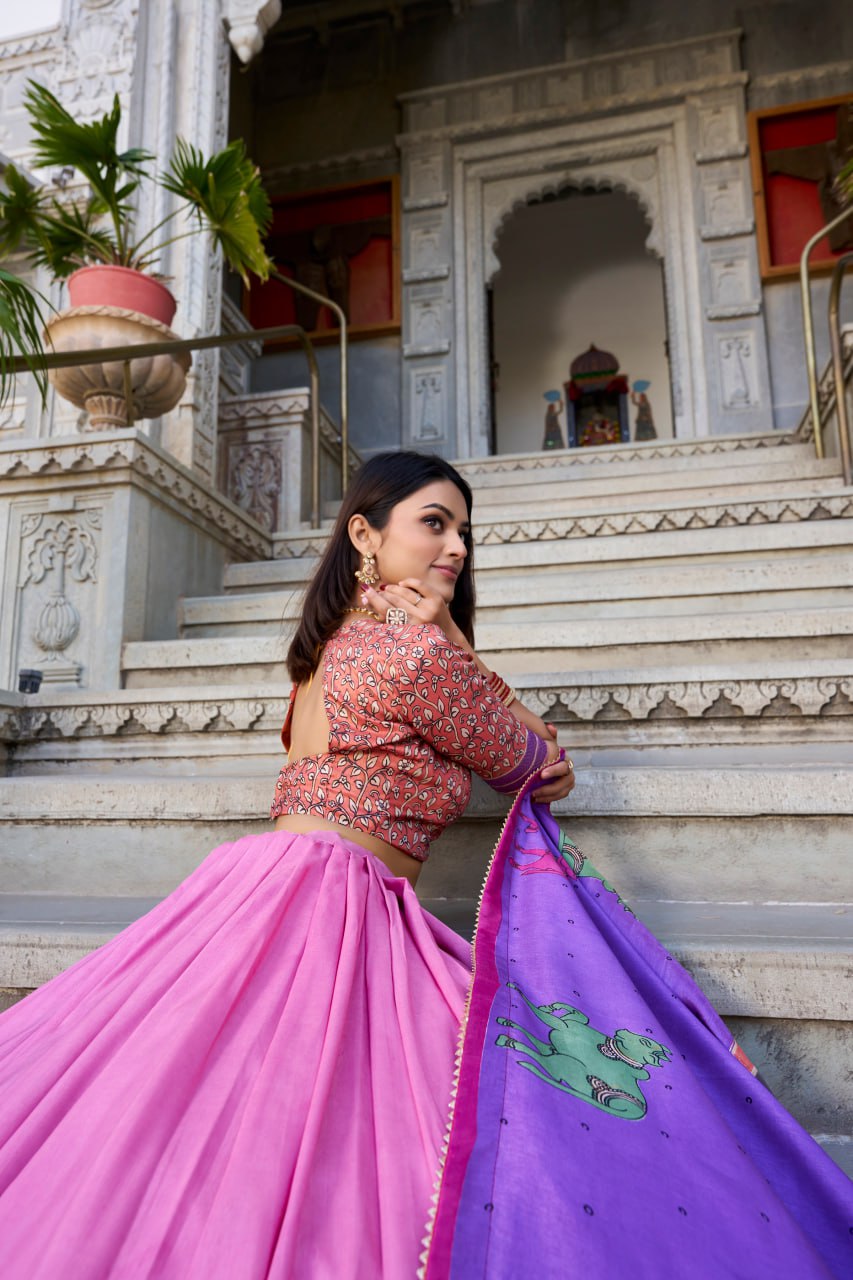 Peach Kalamkari Lehenga Choli with Foil Work & Gota Patti Dupatta