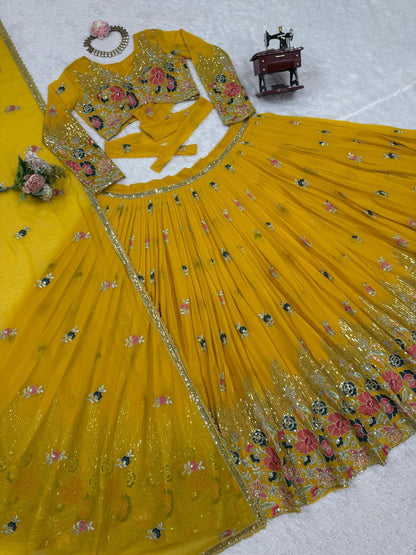 Georgette Lehenga, Sequin Thread Lehenga, Coding Dori Work Choli, Full Stitch Lehenga, Lehenga with Cancan, Micro Inner Lehenga, Party Wear Lehenga, Indian Ethnic Wear, Wedding Lehenga, Dupatta with Lace Border, 3 Meter Flare Lehenga, Designer Lehenga Set, Unstitched Choli
