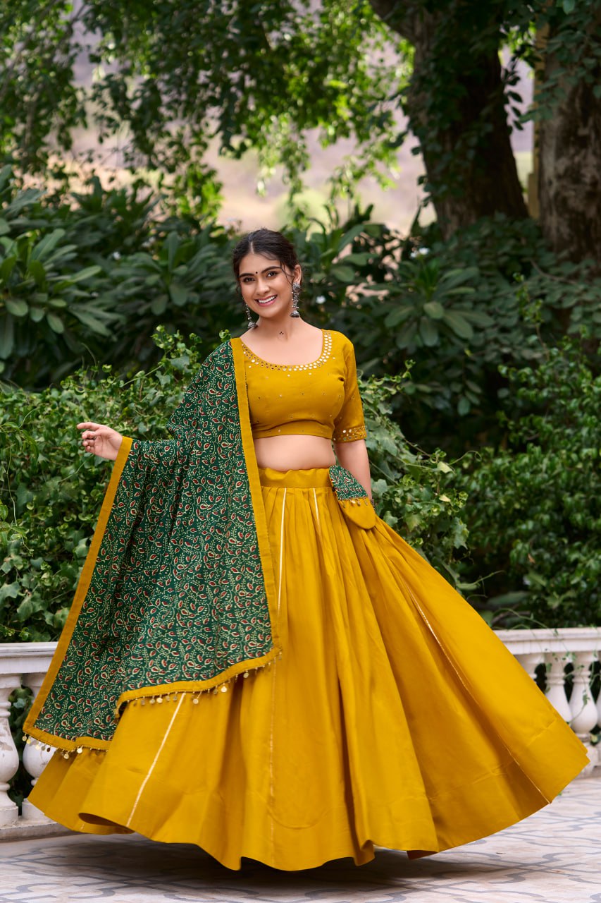 Mustard Pure Cotton Kutchi Hand Work Chaniya Choli with Printed Dupatta for Navratri