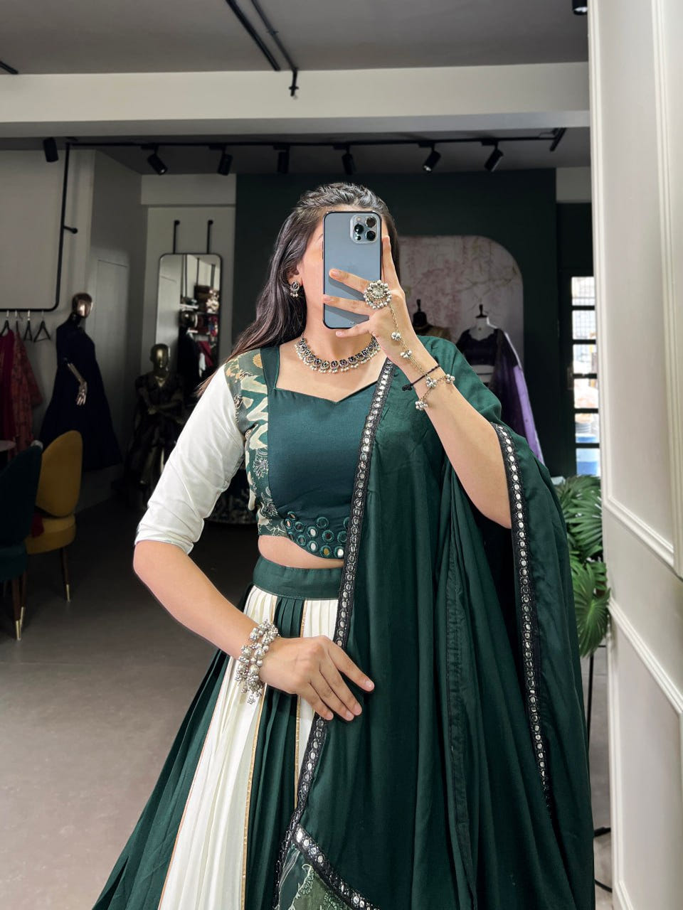 Green Rayon Printed Lehenga Choli with Mirror Work & Gota Patti