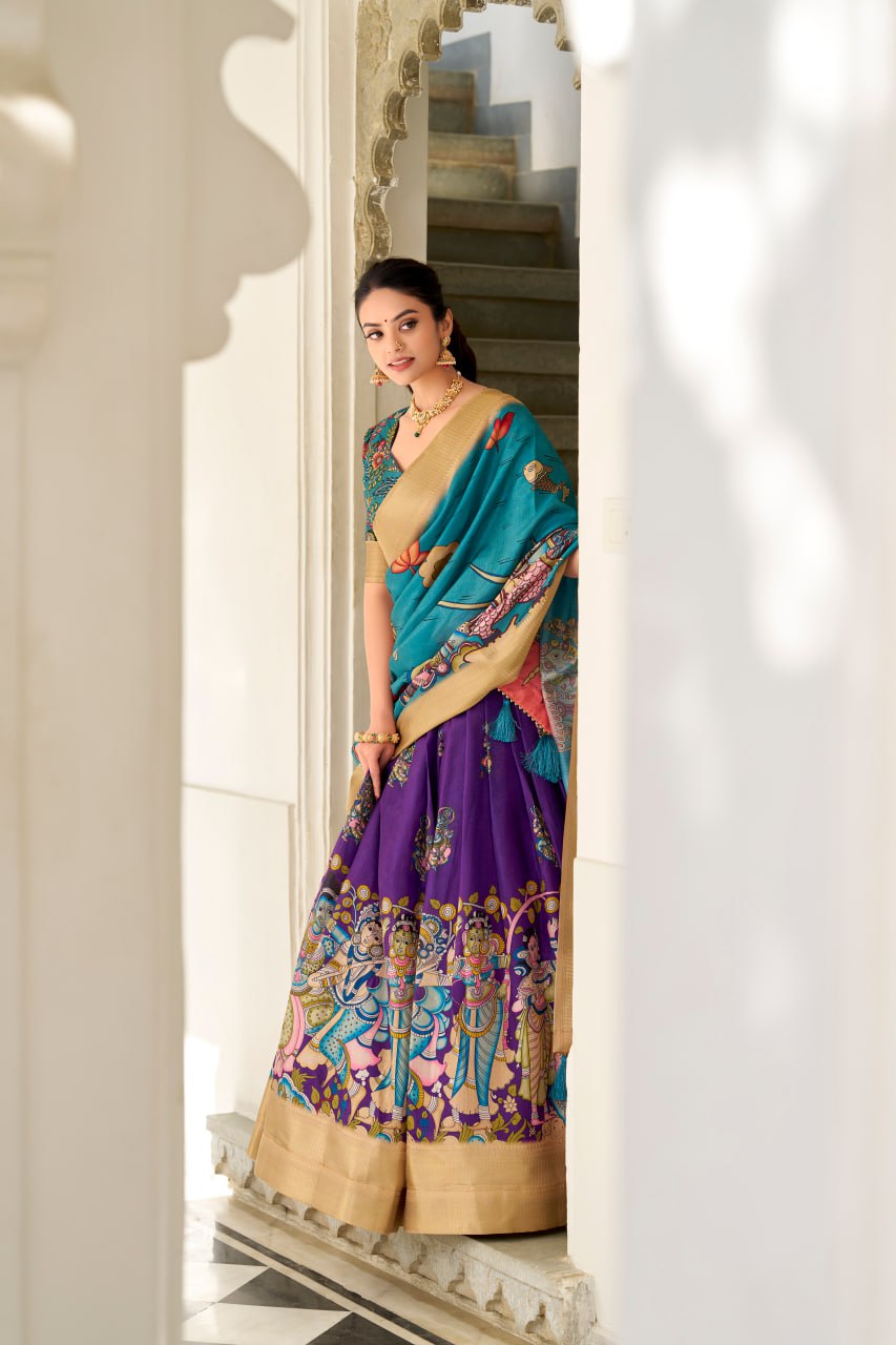 Dola Silk Lehenga Choli, Kalamkari Print Garba Choli, Festival Wear Lehenga Choli 2025, Designer Silk Lehenga for Women, Traditional Garba Outfit Online, Weaving Border Lehenga Choli Set, Tassel Dupatta Lehenga Choli, Indian Ethnic Wear for Festivals, Stitched Dola Silk Lehenga Set, Kalamkari Print Silk Chaniya Choli