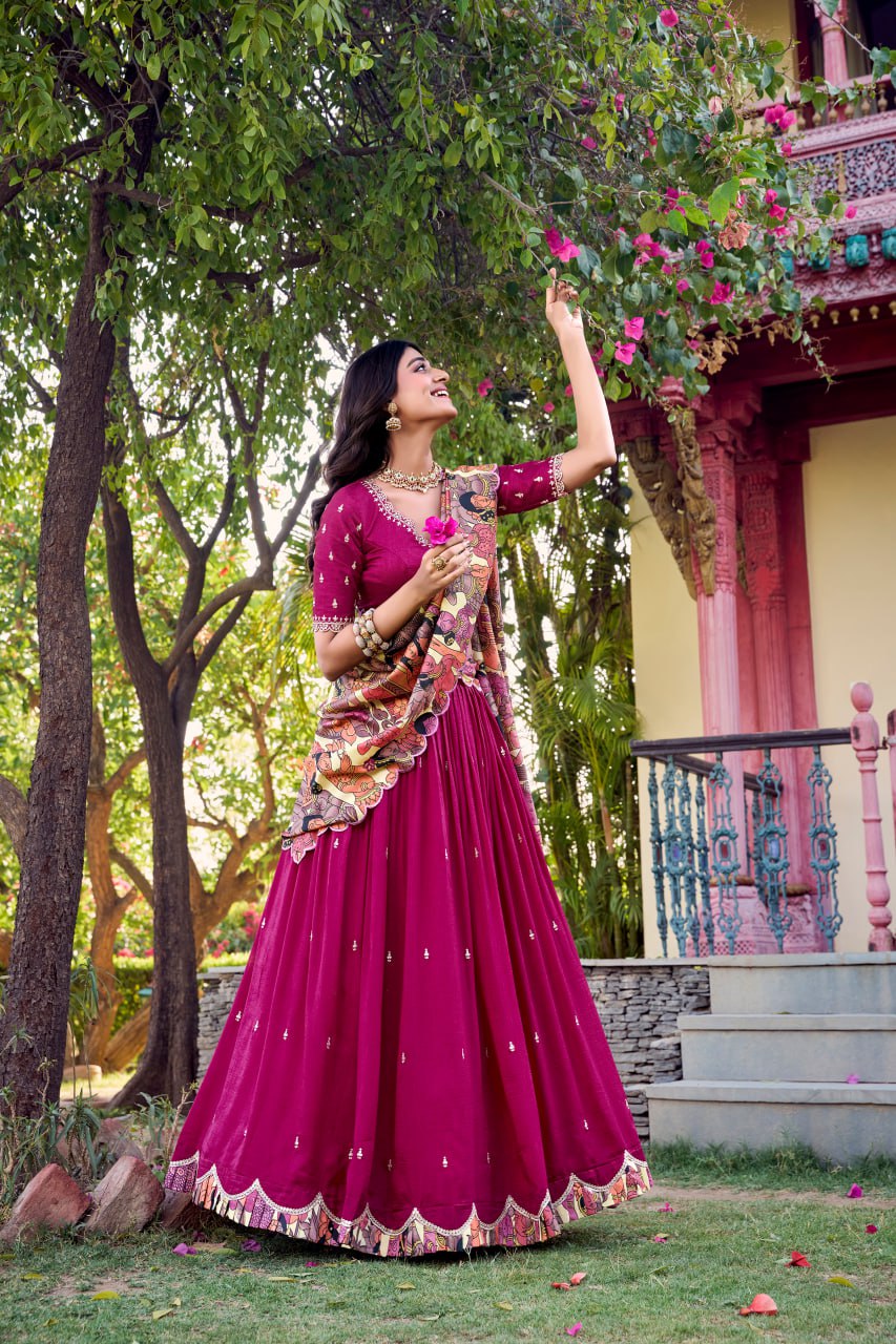 Pink Designer Wedding Lehenga Choli with Foil Print & Dupatta
