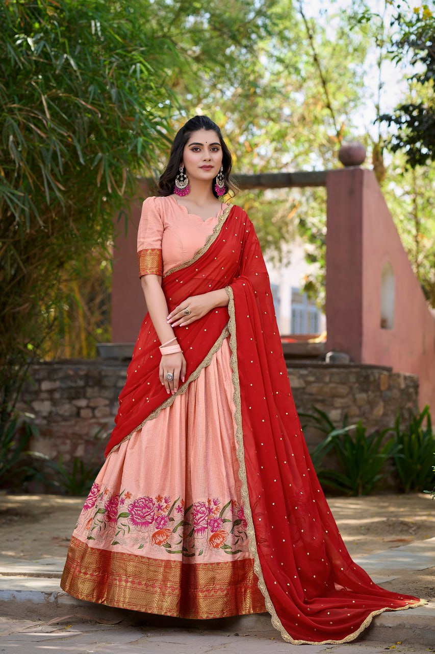 Peach Cotton Silk Lehenga Choli Thread Embroidery with Drape Georgette Dupatta