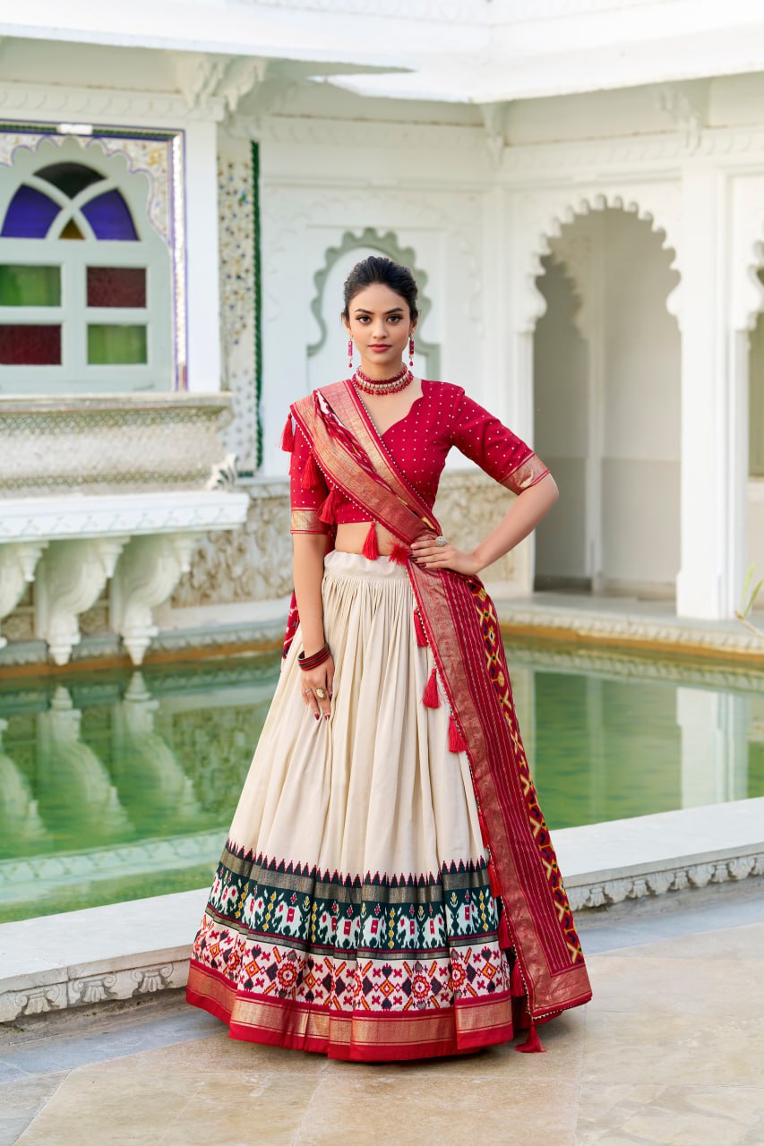 Tussar Silk Traditional Cream Patola Print Chaniya Choli for Navratri with Foil Work & Gotta Patti Dupatta