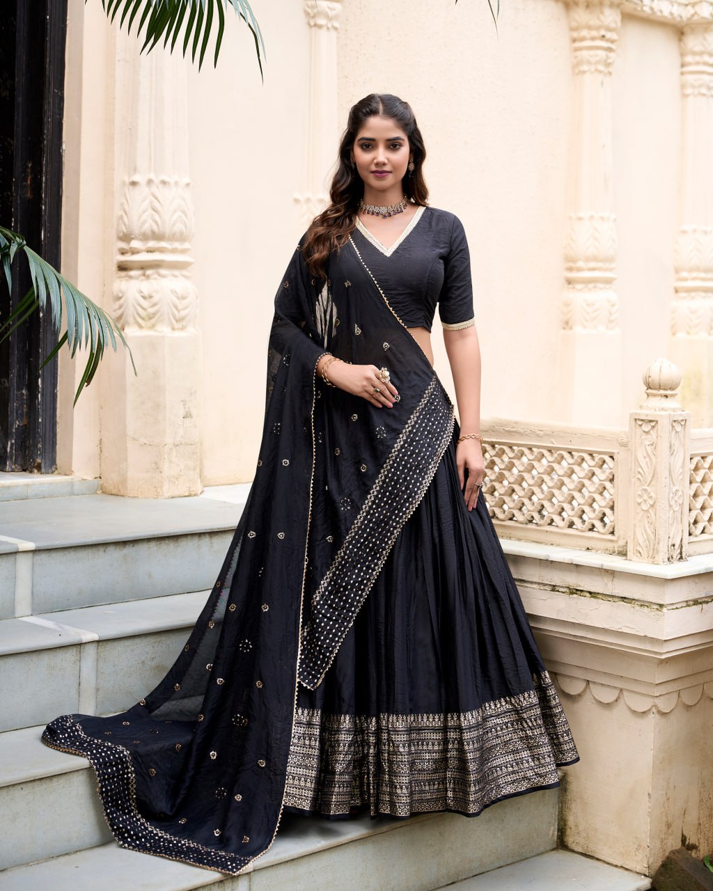 Pure Chanderi Black Chaniya Choli for Navratri with Zari Weaving Border & Sequins Dupatta