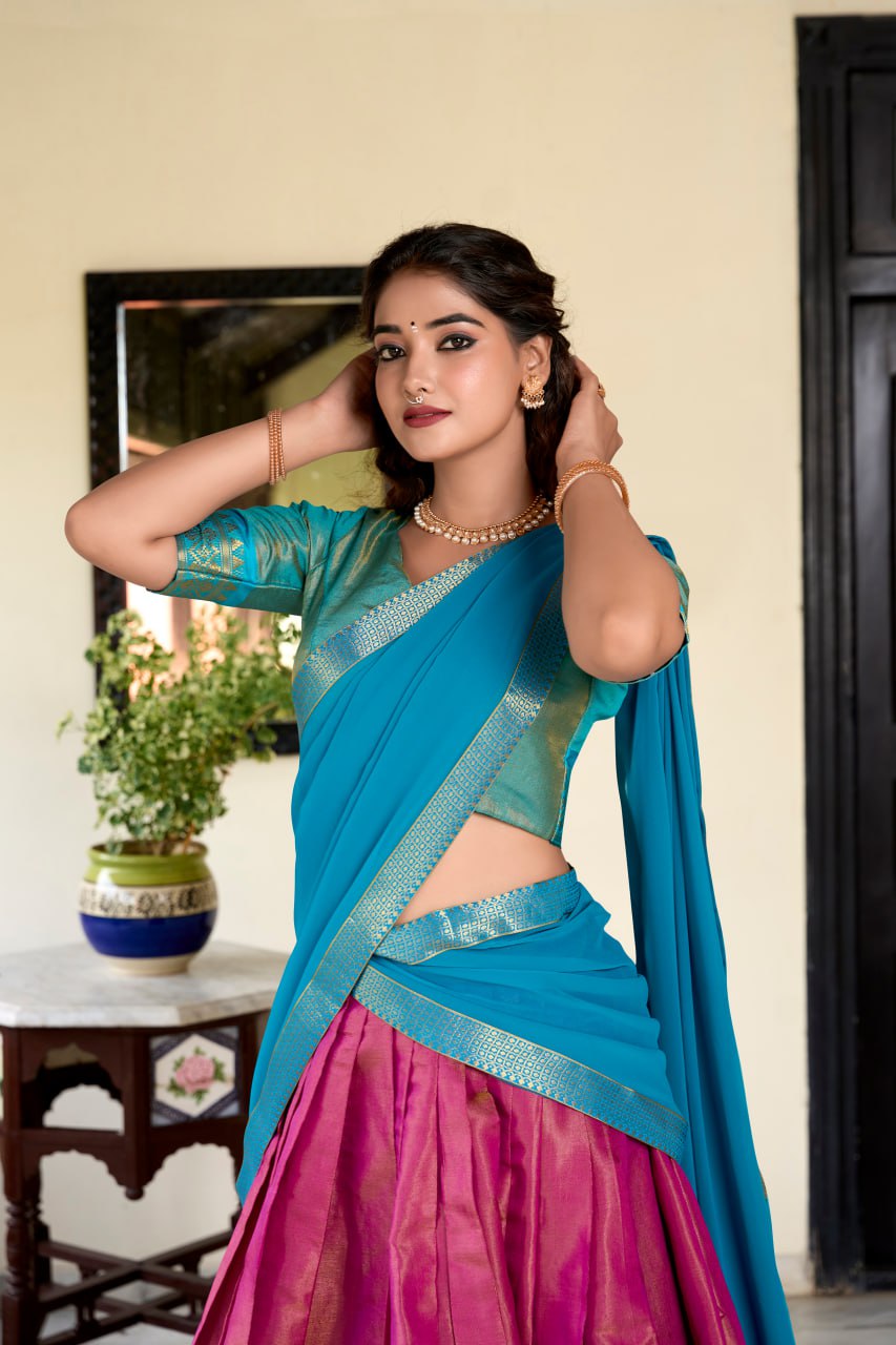 Pink Heritage Kanchipuram Silk Lehenga Choli with Zari Weaving & Dupatta