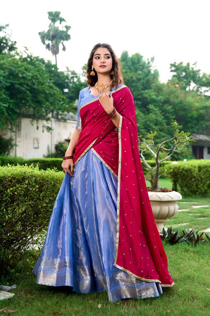 Turquoise Kanchipuram Lehenga Choli with Zari Weaving Work & Vichitra Silk Embroidered Dupatta