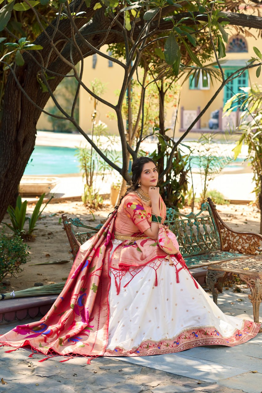 White Heritage Paithani Lehenga Choli with Zari Weaving Work