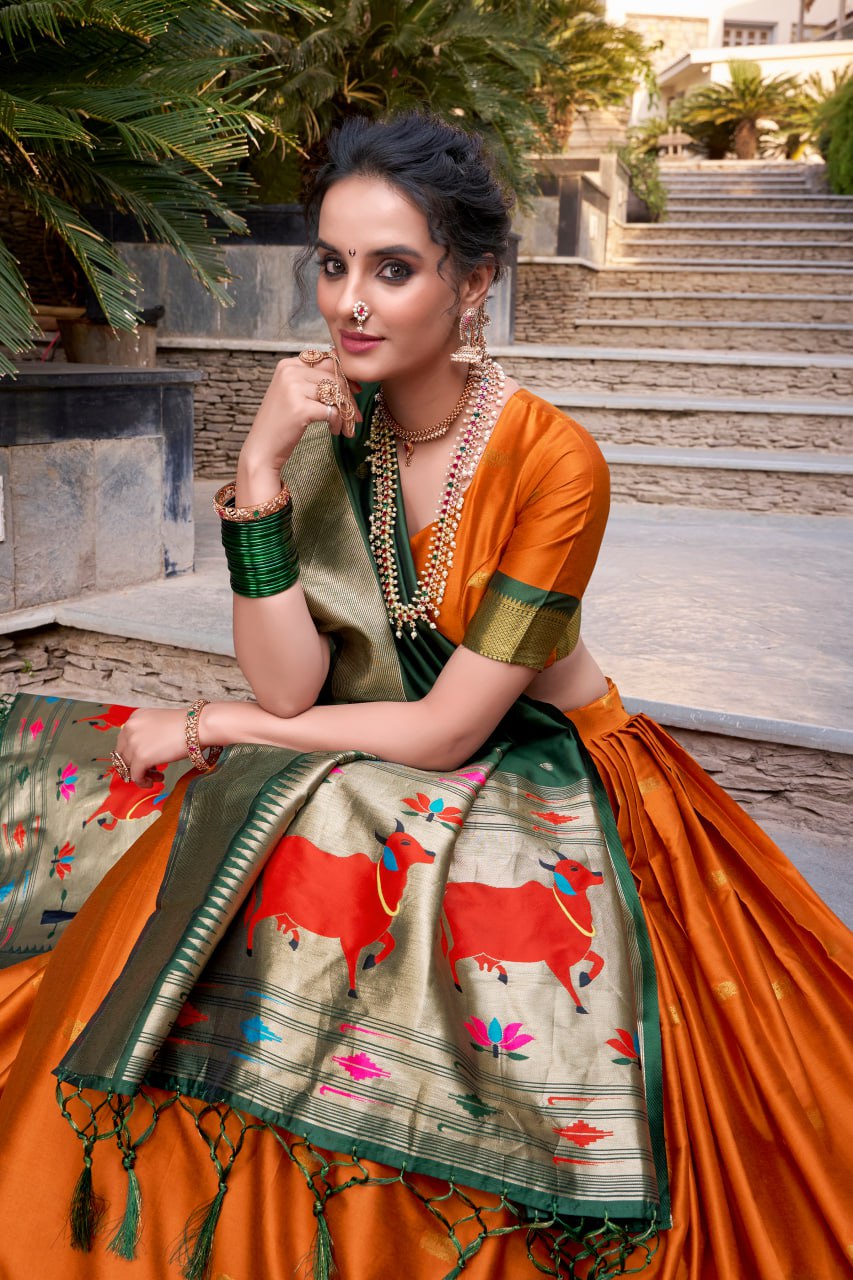 Orange Premium Paithani Lehenga Choli with Zari Weaving Work