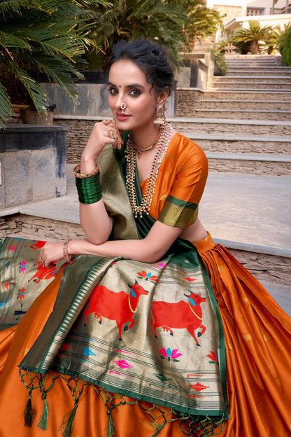 Orange Premium Paithani Lehenga Choli with Zari Weaving Work