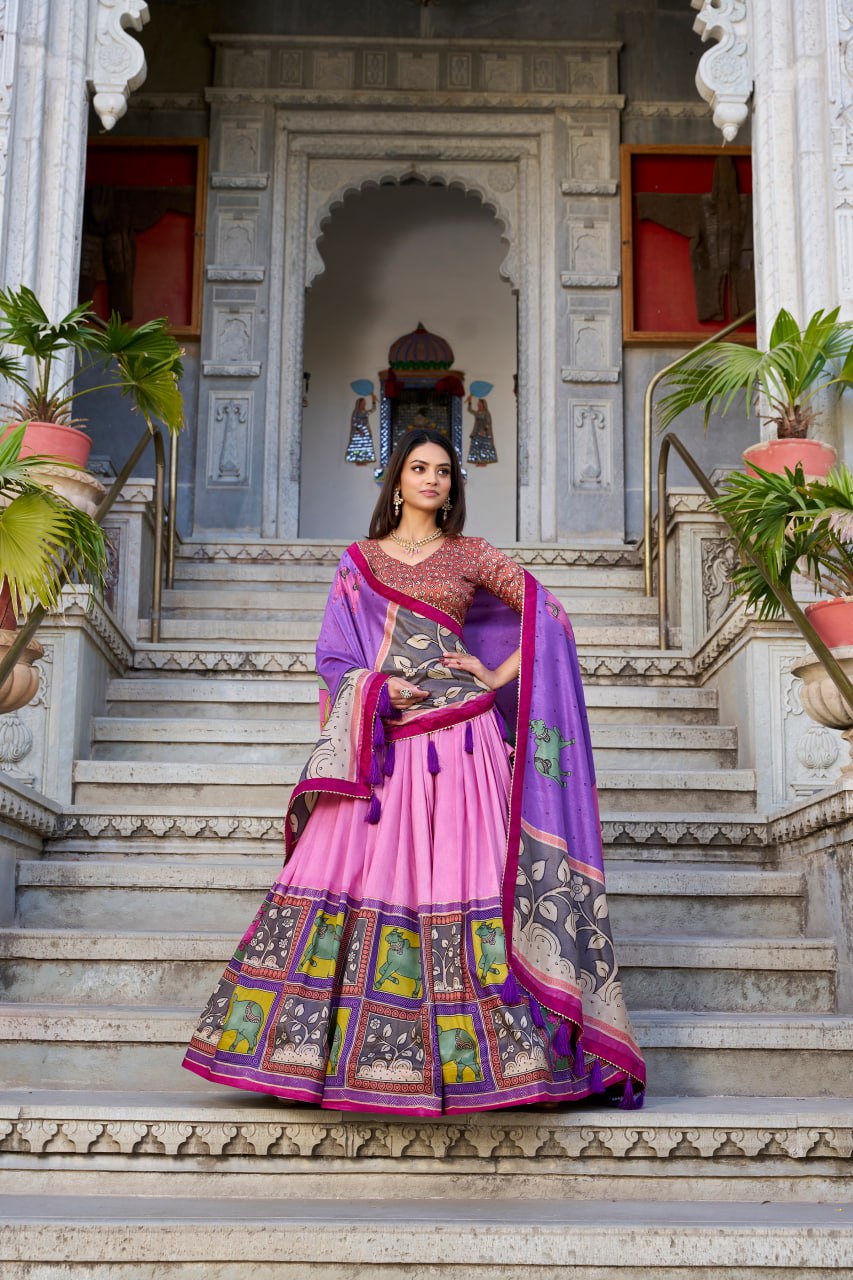 Peach Kalamkari Lehenga Choli with Foil Work & Gota Patti Dupatta