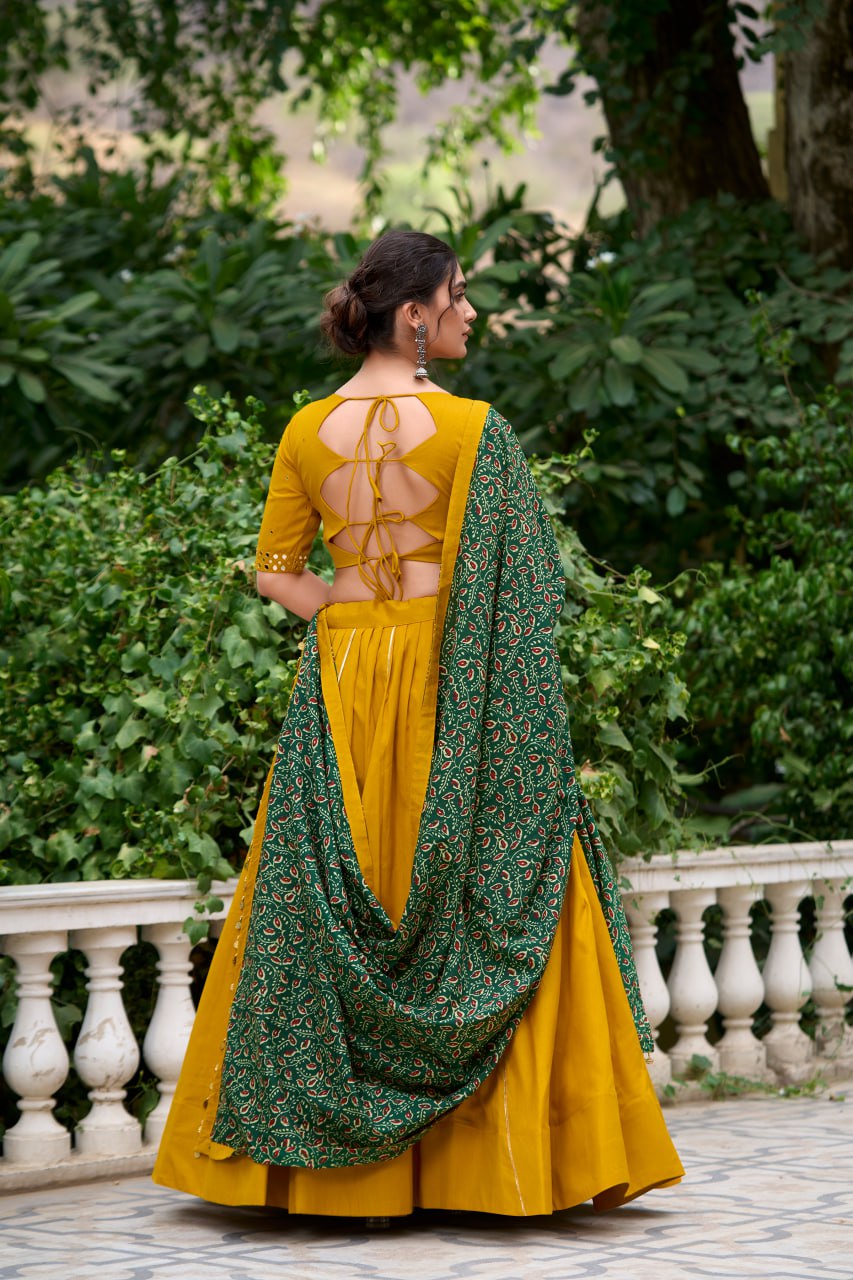 Mustard Pure Cotton Kutchi Hand Work Chaniya Choli with Printed Dupatta for Navratri