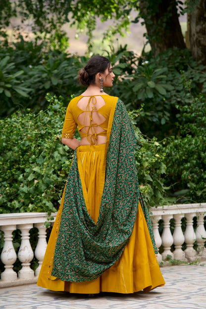 Mustard Pure Cotton Kutchi Hand Work Chaniya Choli with Printed Dupatta for Navratri