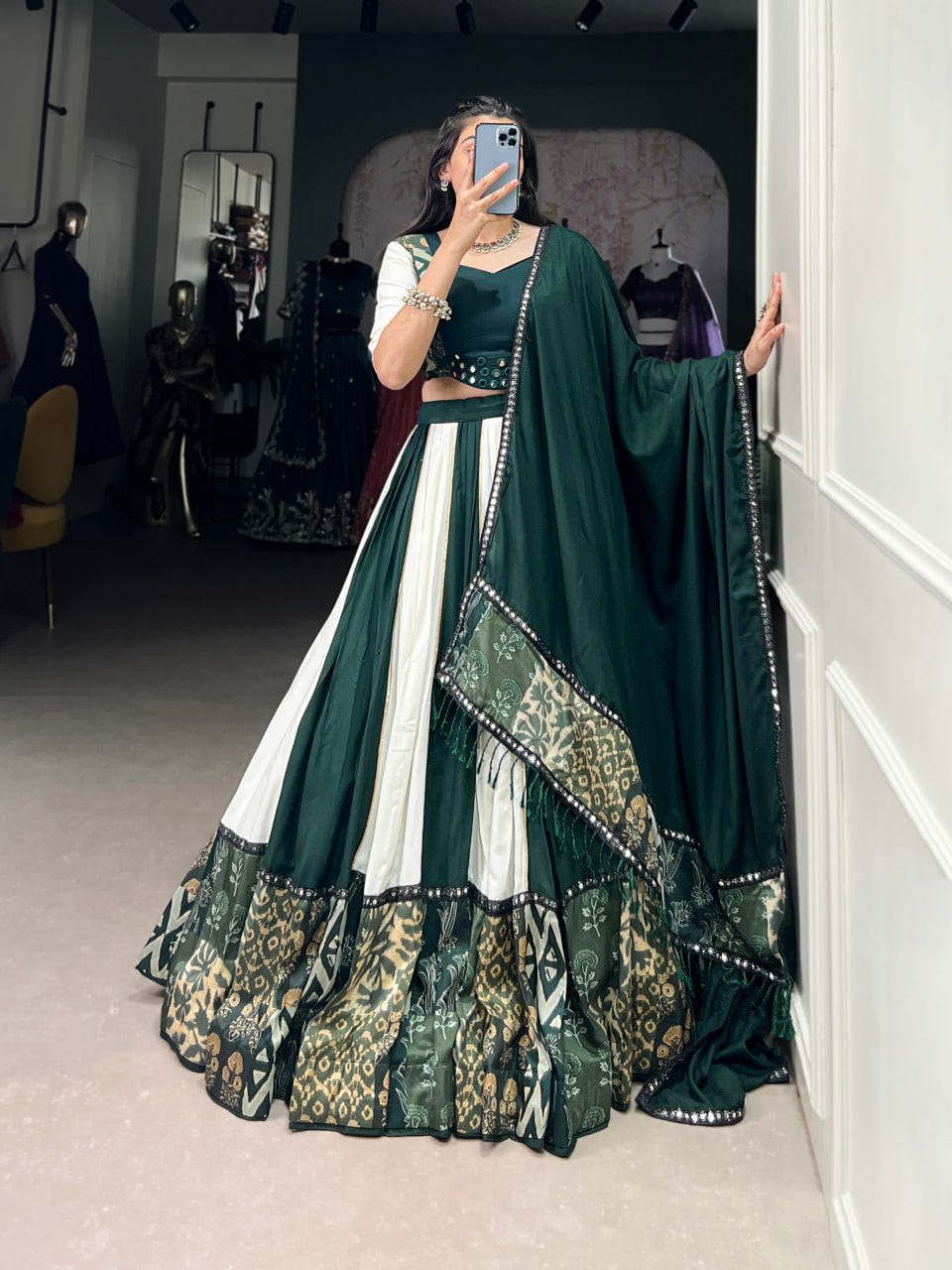Green Rayon Printed Lehenga Choli with Mirror Work & Gota Patti