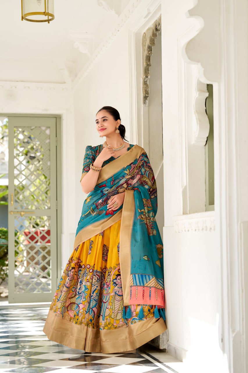 Dola Silk Lehenga Choli, Kalamkari Print Garba Choli, Festival Wear Lehenga Choli 2025, Designer Silk Lehenga for Women, Traditional Garba Outfit Online, Weaving Border Lehenga Choli Set, Tassel Dupatta Lehenga Choli, Indian Ethnic Wear for Festivals, Stitched Dola Silk Lehenga Set, Kalamkari Print Silk Chaniya Choli