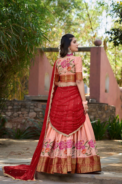 Peach Cotton Silk Lehenga Choli Thread Embroidery with Drape Georgette Dupatta