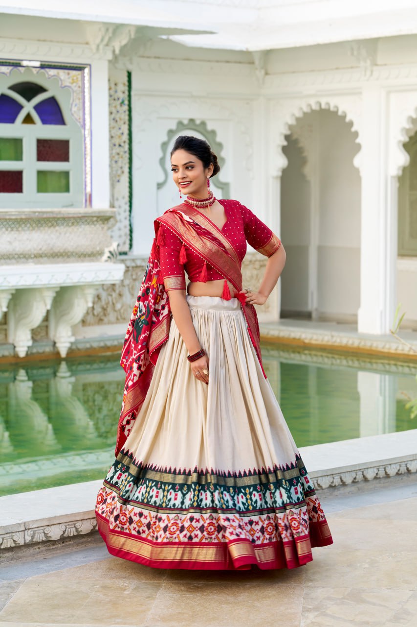 Tussar Silk Traditional Cream Patola Print Chaniya Choli for Navratri with Foil Work & Gotta Patti Dupatta