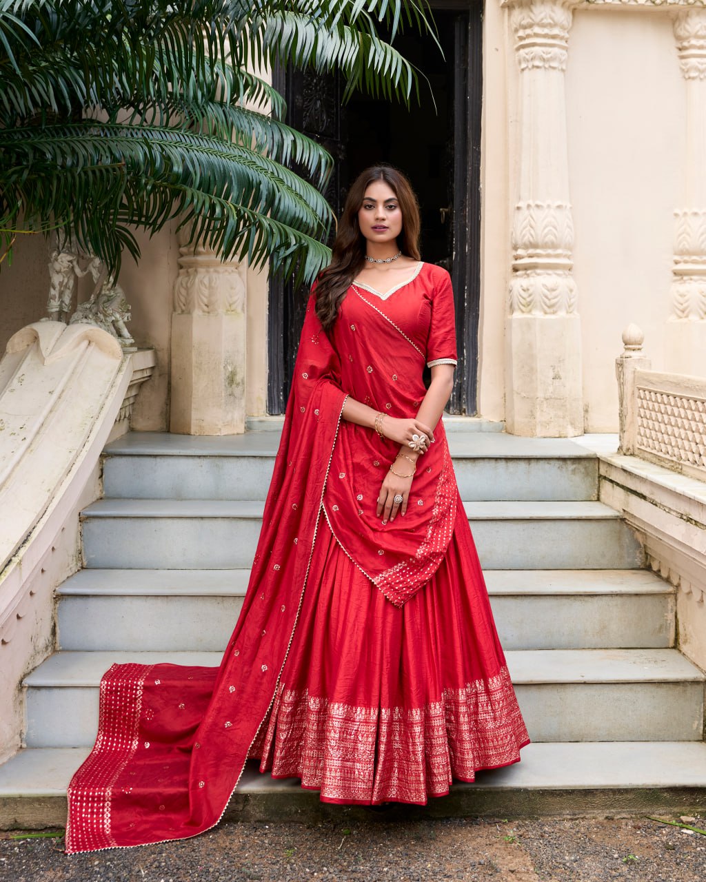 Pure Chanderi Red Chaniya Choli for Navratri with Zari Weaving Border & Sequins Dupatta