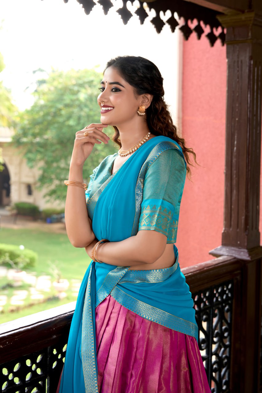 Pink Heritage Kanchipuram Silk Lehenga Choli with Zari Weaving & Dupatta