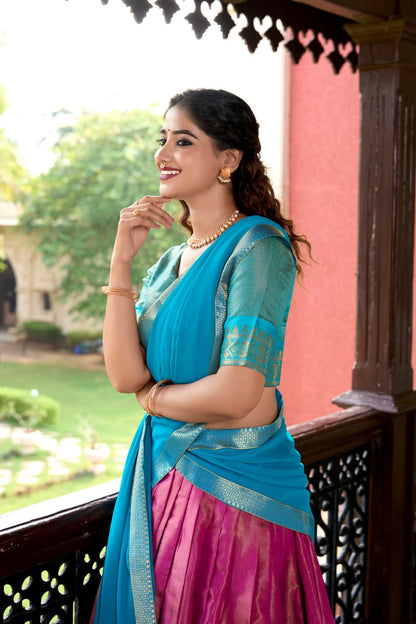 Pink Heritage Kanchipuram Silk Lehenga Choli with Zari Weaving & Dupatta