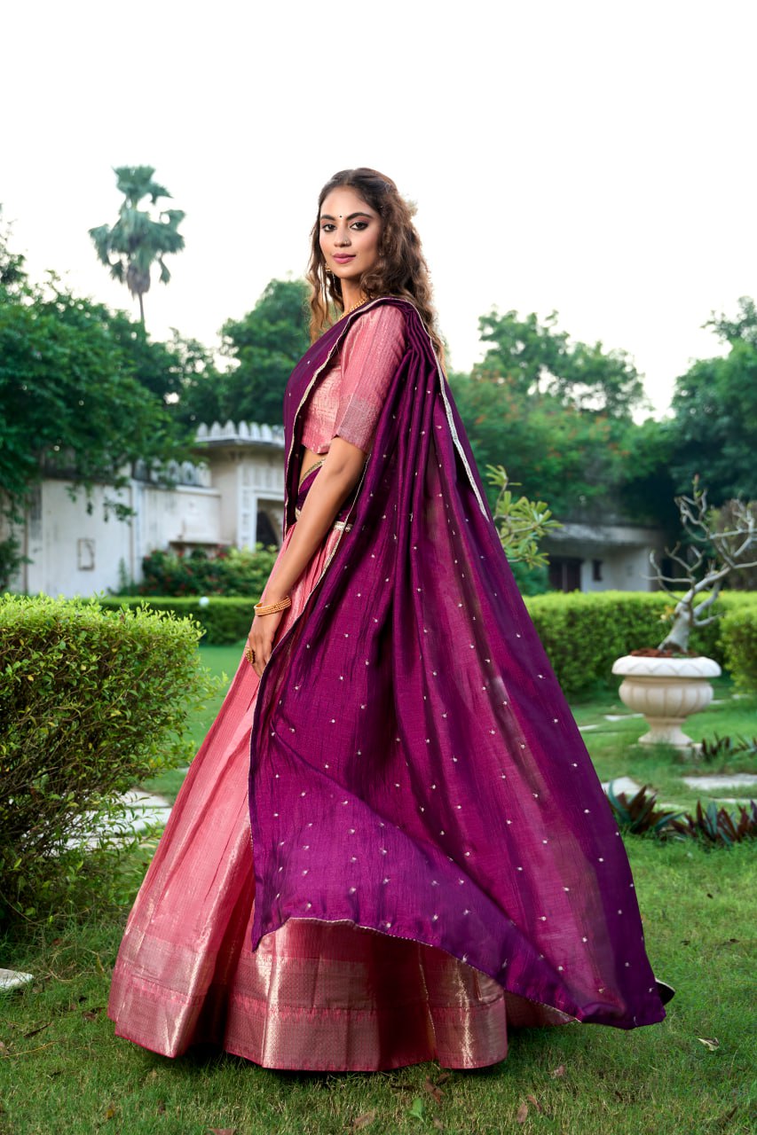 Pink Kanchipuram Lehenga Choli with Zari Weaving Work & Vichitra Silk Embroidered Dupatta