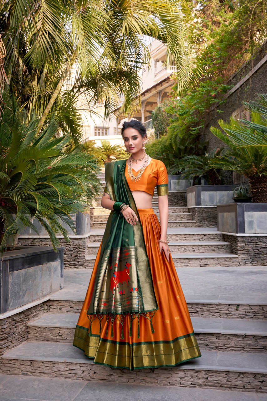 Orange Premium Paithani Lehenga Choli with Zari Weaving Work