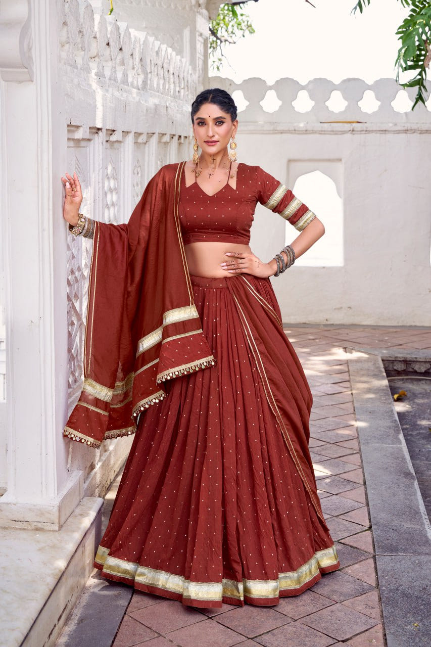 Rust Orange Pure Chanderi Silk Lehenga Choli With Zari Weaving & Lace Touch Up