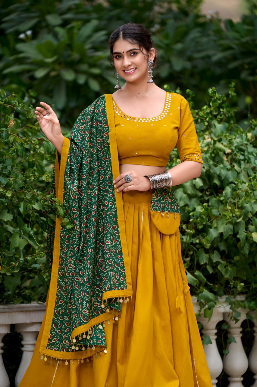Mustard Pure Cotton Kutchi Hand Work Chaniya Choli with Printed Dupatta for Navratri