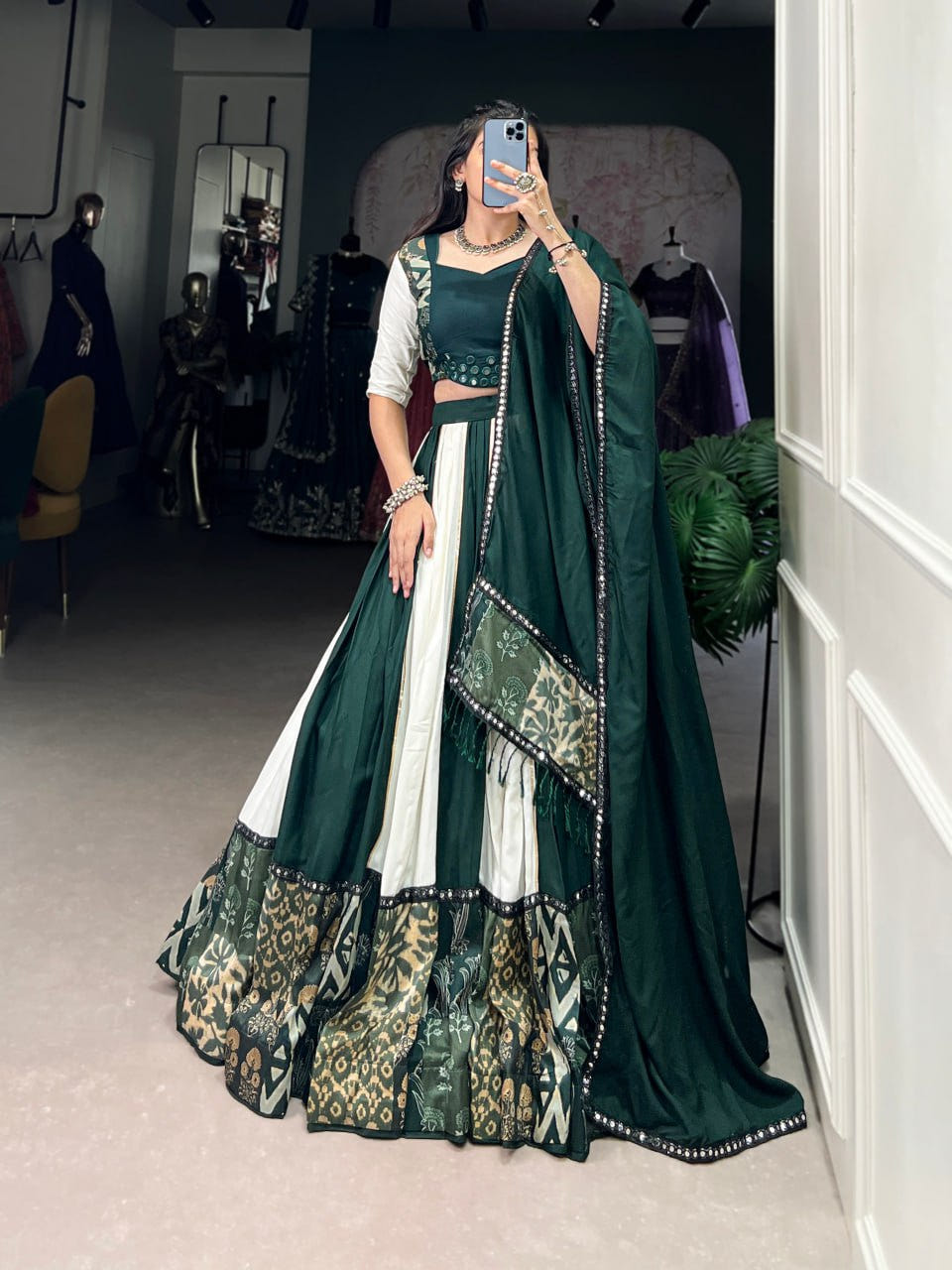 Green Rayon Printed Lehenga Choli with Mirror Work & Gota Patti