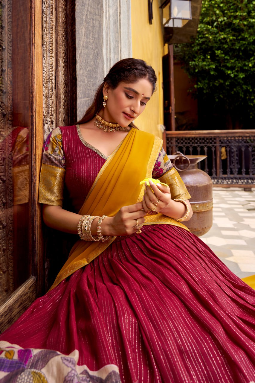 Red Poly Kalamkari Printed Chanderi Lehenga Choli